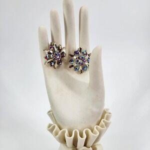 Vintage Coro Rhinestone Clip-On Earrings AB Red Gold Tone Snowflake 1"